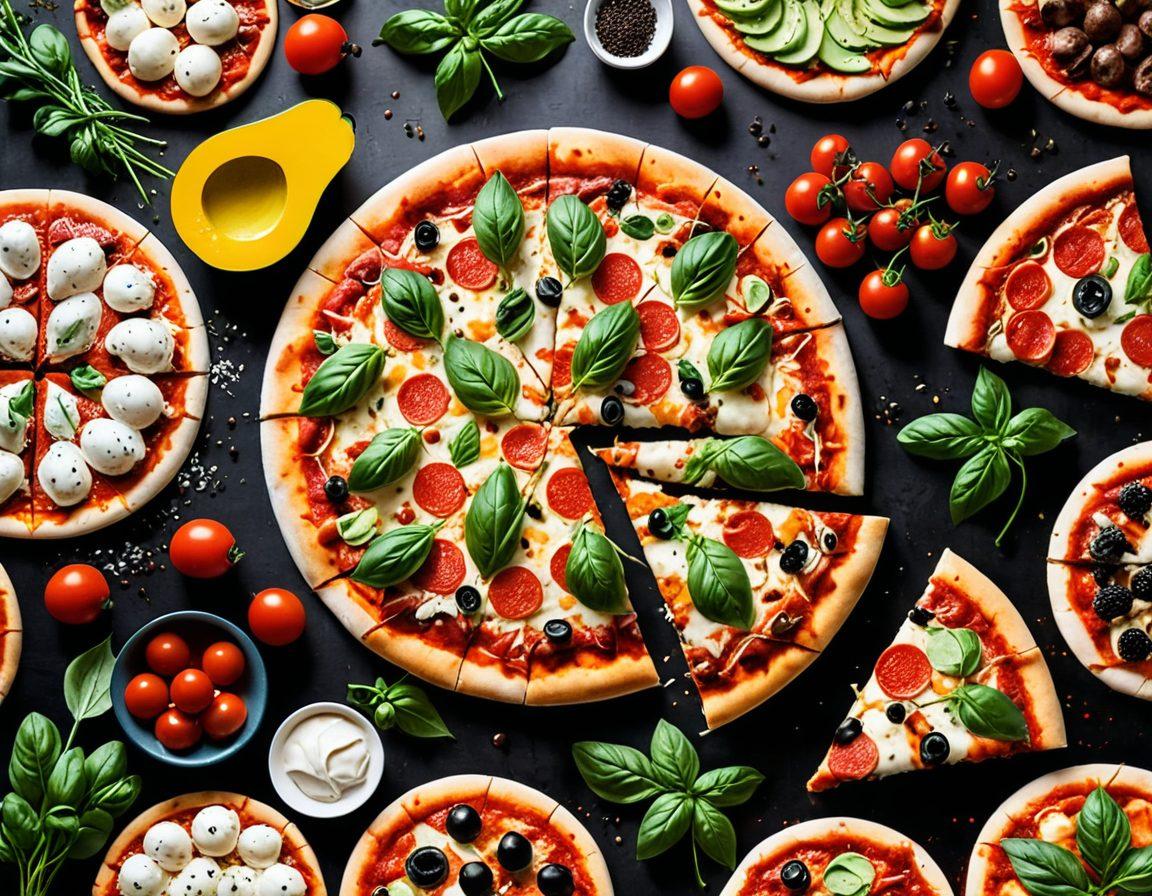 A vibrant collage showcasing a variety of unique pizza toppings, blending traditional ingredients like mozzarella and basil with trendy options like avocado, spicy sriracha, and truffle oil. Include a pizza chef creating a masterpiece in the background, with a colorful array of fresh toppings displayed around him. The atmosphere should be lively and inviting, emphasizing the evolution of pizza into modern cuisine. super-realistic. vibrant colors. white background.