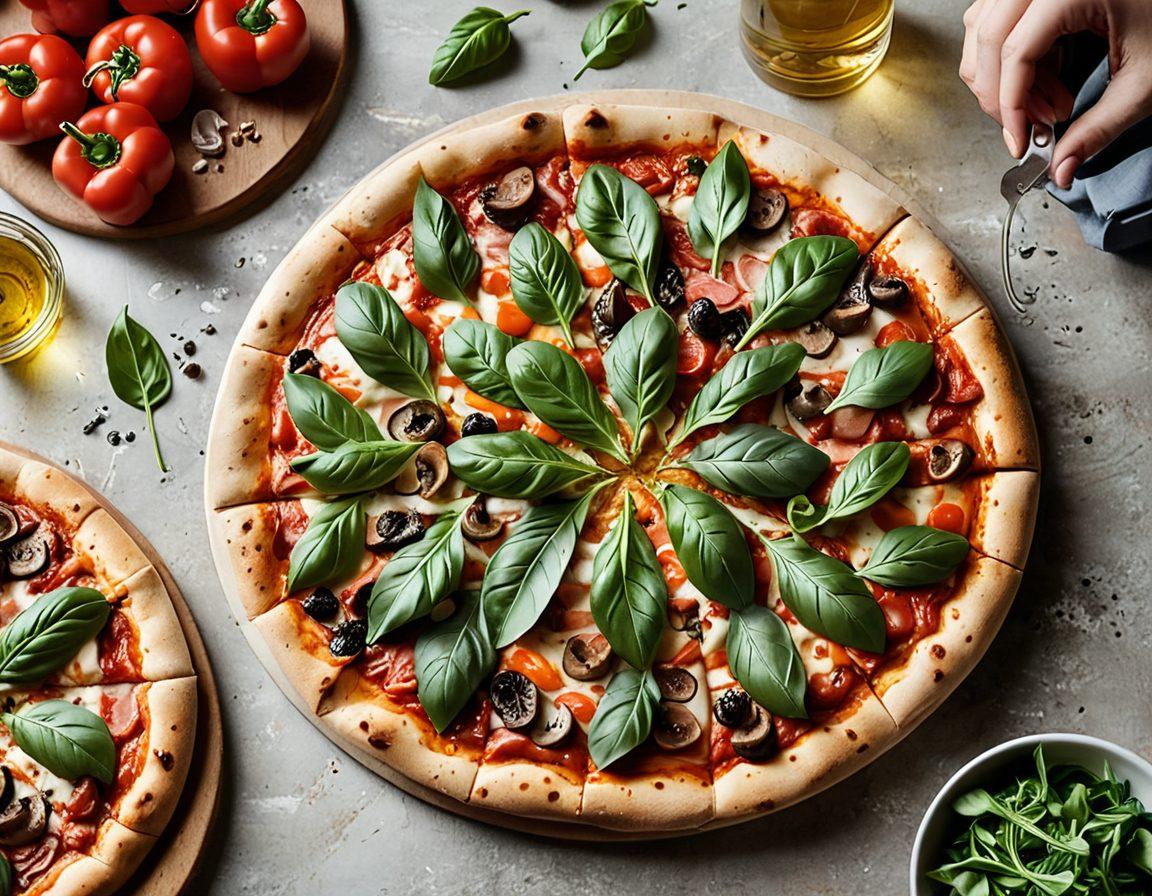 A vibrant pizza creation station featuring an array of diverse, colorful toppings from around the world, with hands stylishly slicing through various pizza styles like Neapolitan, Chicago deep-dish, and gourmet. A timeline of pizza evolution subtly illustrated in the background, showcasing vintage pizzas and modern trends. Warm, inviting colors to evoke a sense of comfort and culinary adventure. super-realistic. vibrant colors.